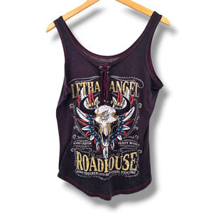 Lethal Angel Women's Bling Lattice Neck Roadhouse Skull Tank Top Purple Size XL